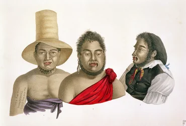 A.ミグネレによって刻まれた1822-24年に出版されたルイ・クロード・デソールス・ド・フレシネ（1779-1842）による、「航海のオートール・デュ・モンド（1817-20）」からのサンドイッチ諸島の首長の肖像画